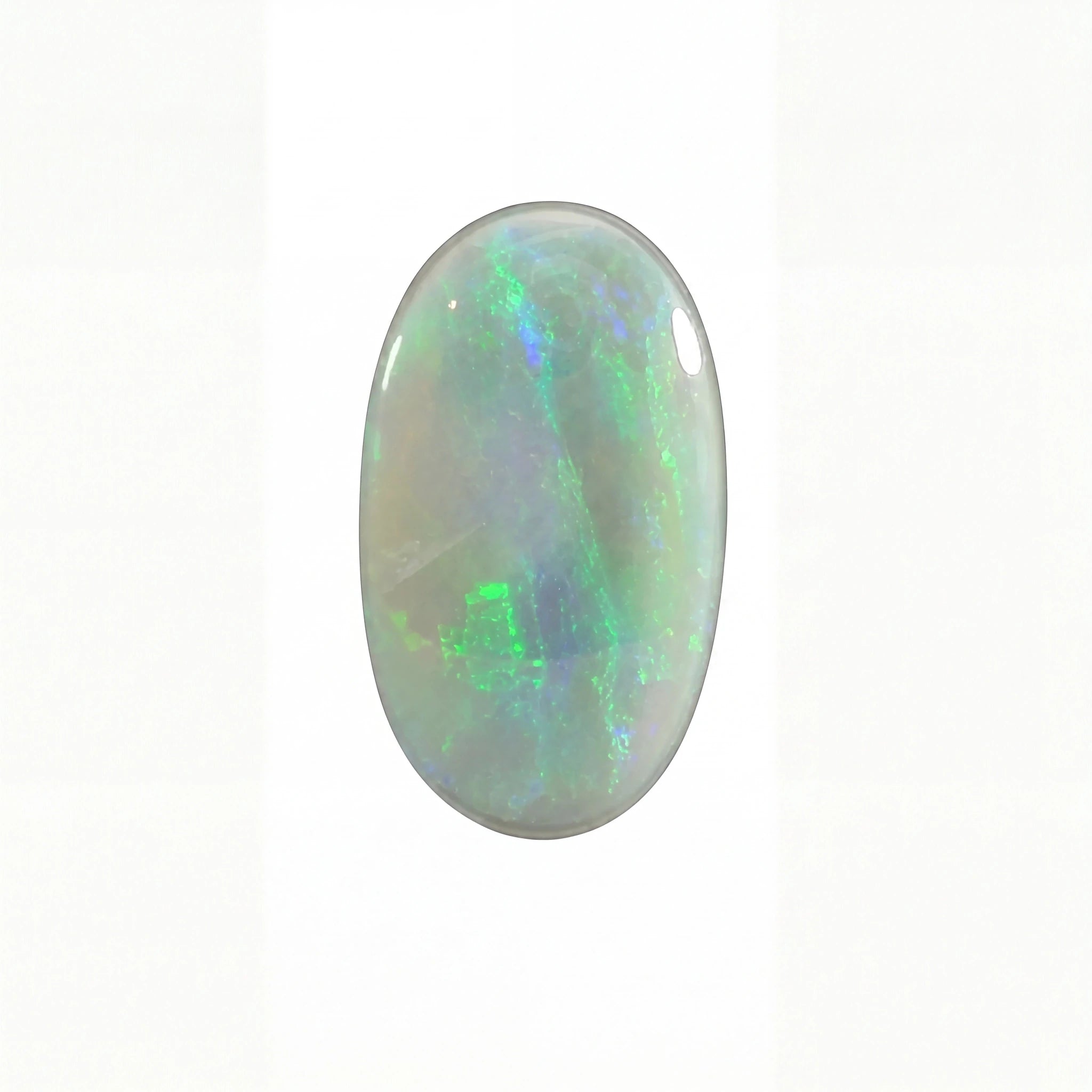Opal stone with green and blue fluorescence on a white background