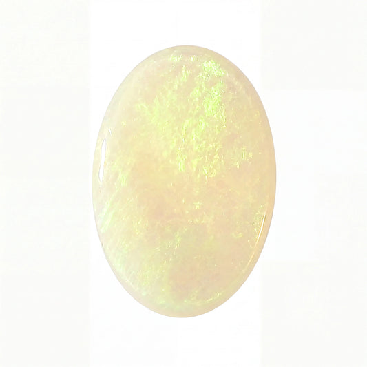 A polished oval cabochon gemstone with a milky white base and vibrant iridescent green and yellow flashes, set against a plain white background.