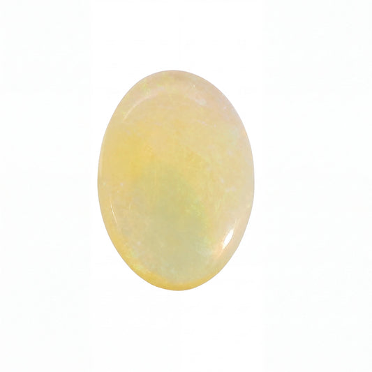 A single oval cabochon gemstone with a soft yellow and pale green iridescent colouration, shown on a plain white background.