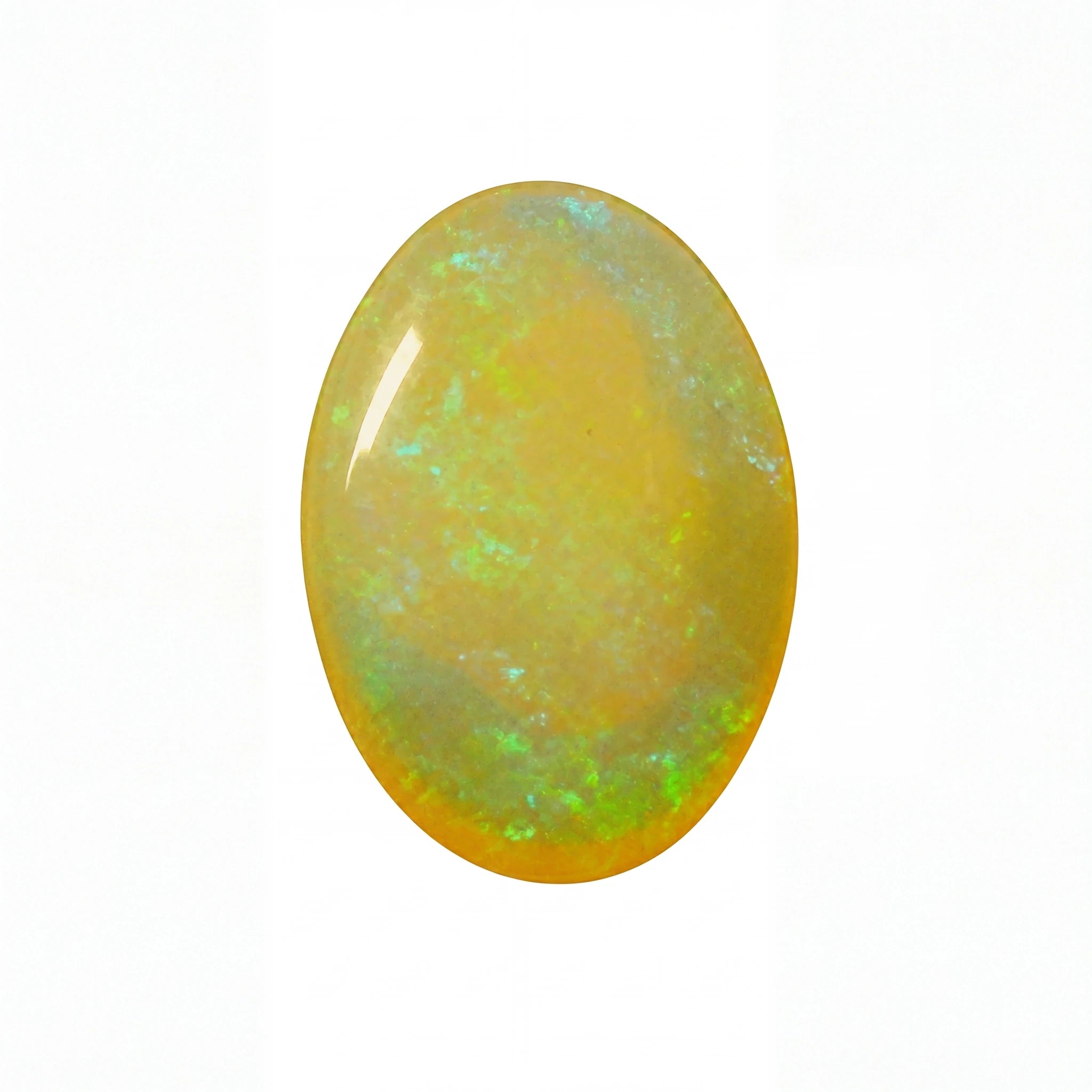 A polished oval cabochon gemstone showing a vibrant play-of-colour with yellow, orange, and green iridescence on a white background.