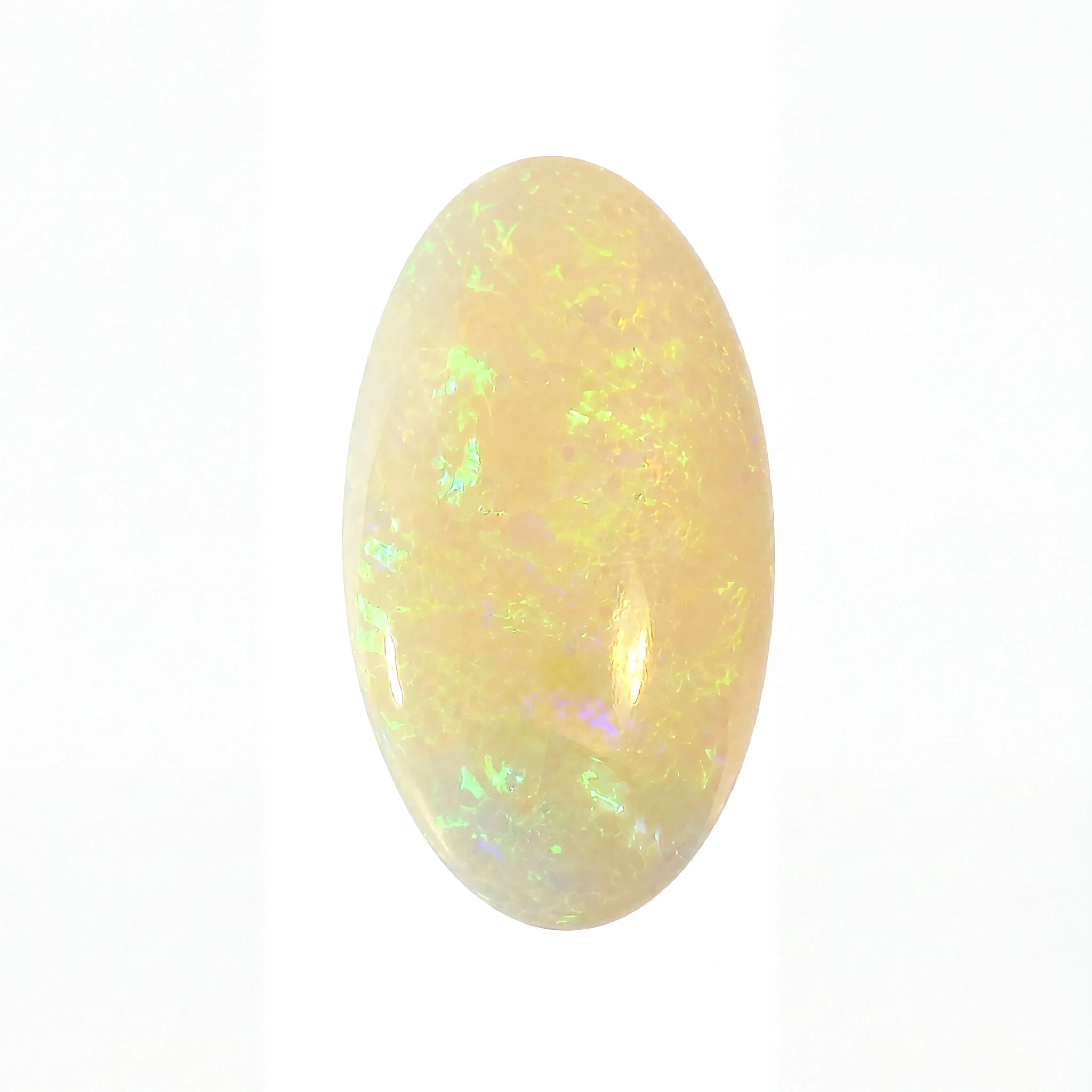 A polished oval cabochon gemstone with a creamy white base and vibrant iridescent flashes of green, blue, and yellow, set against a plain white background.