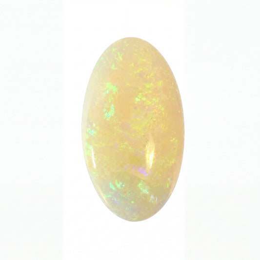 A polished oval cabochon gemstone with a creamy white base and vibrant iridescent flashes of green, blue, and yellow, set against a plain white background.