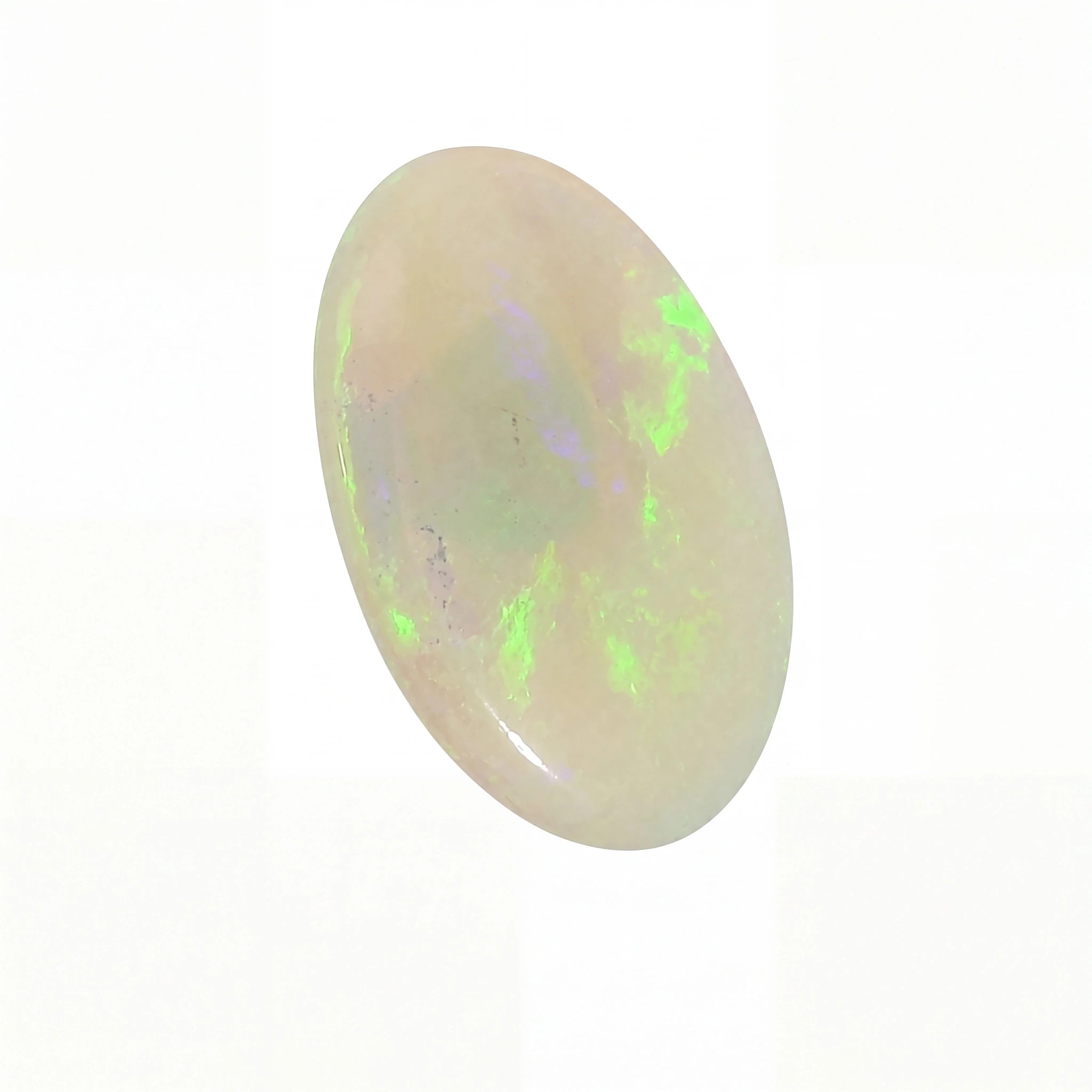 A polished oval cabochon gemstone with a milky white base and vibrant green iridescent flashes, shown on a plain white background.