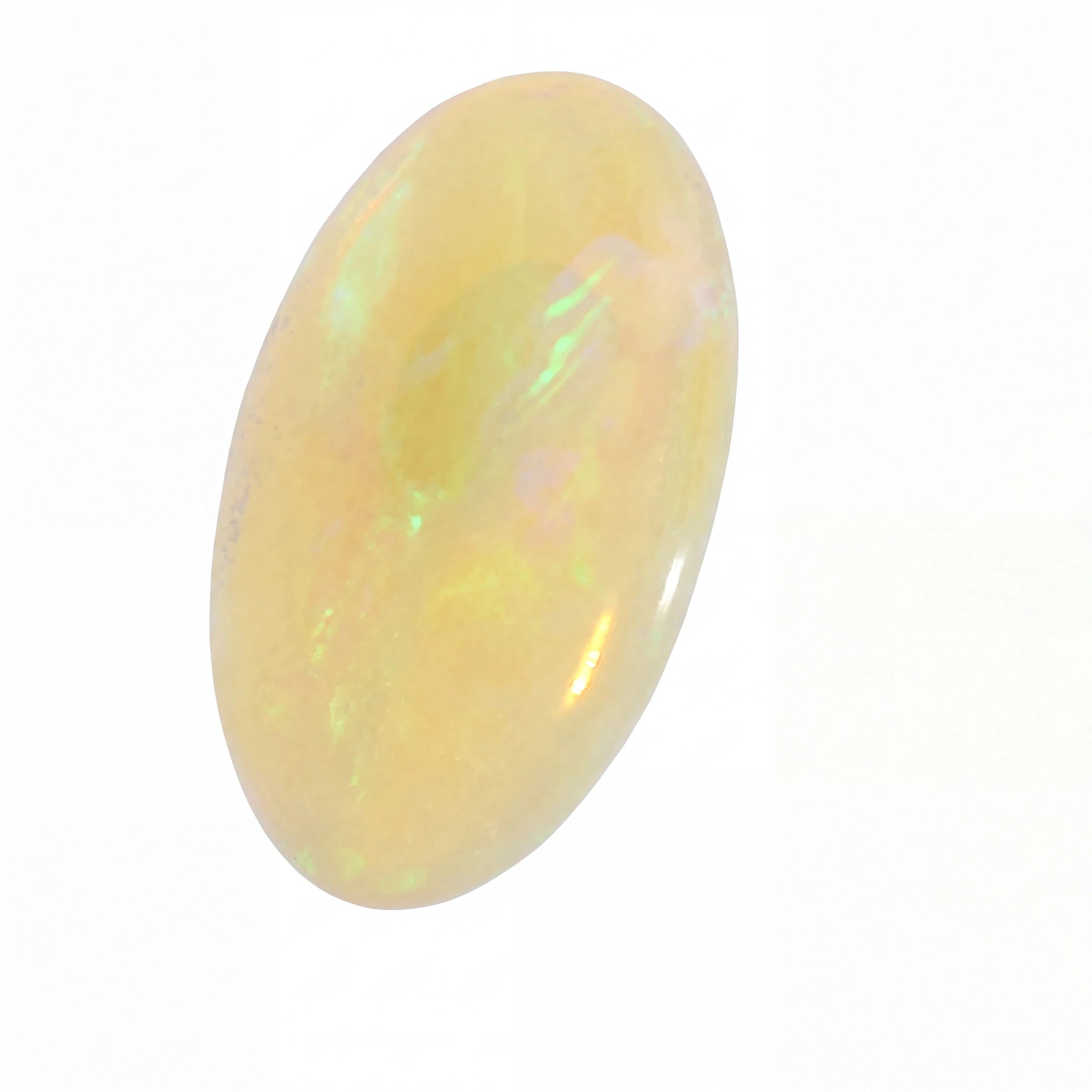 A polished oval cabochon gemstone with a soft pearlescent yellow body and iridescent flashes of green, pink, and blue, shown on a plain white background.