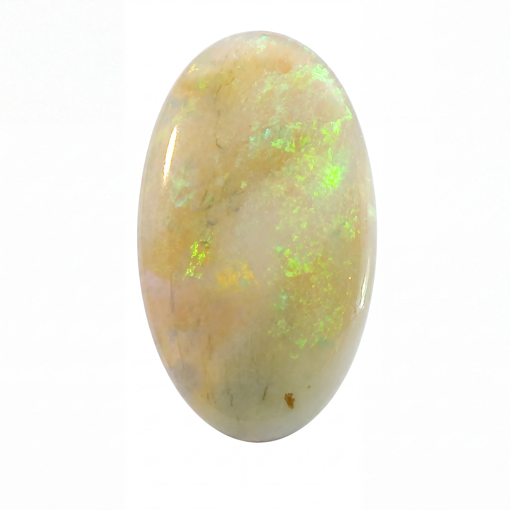 A polished oval cabochon gemstone showing a creamy off-white base with vibrant green and yellow iridescent flashes, set against a plain white background.