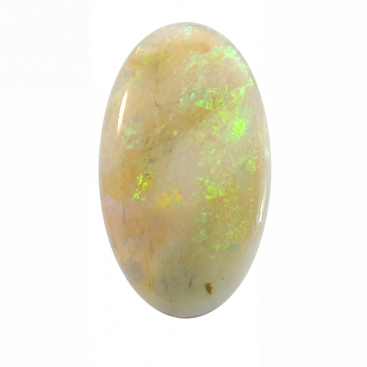 A polished oval cabochon gemstone showing a creamy off-white base with vibrant green and yellow iridescent flashes, set against a plain white background.