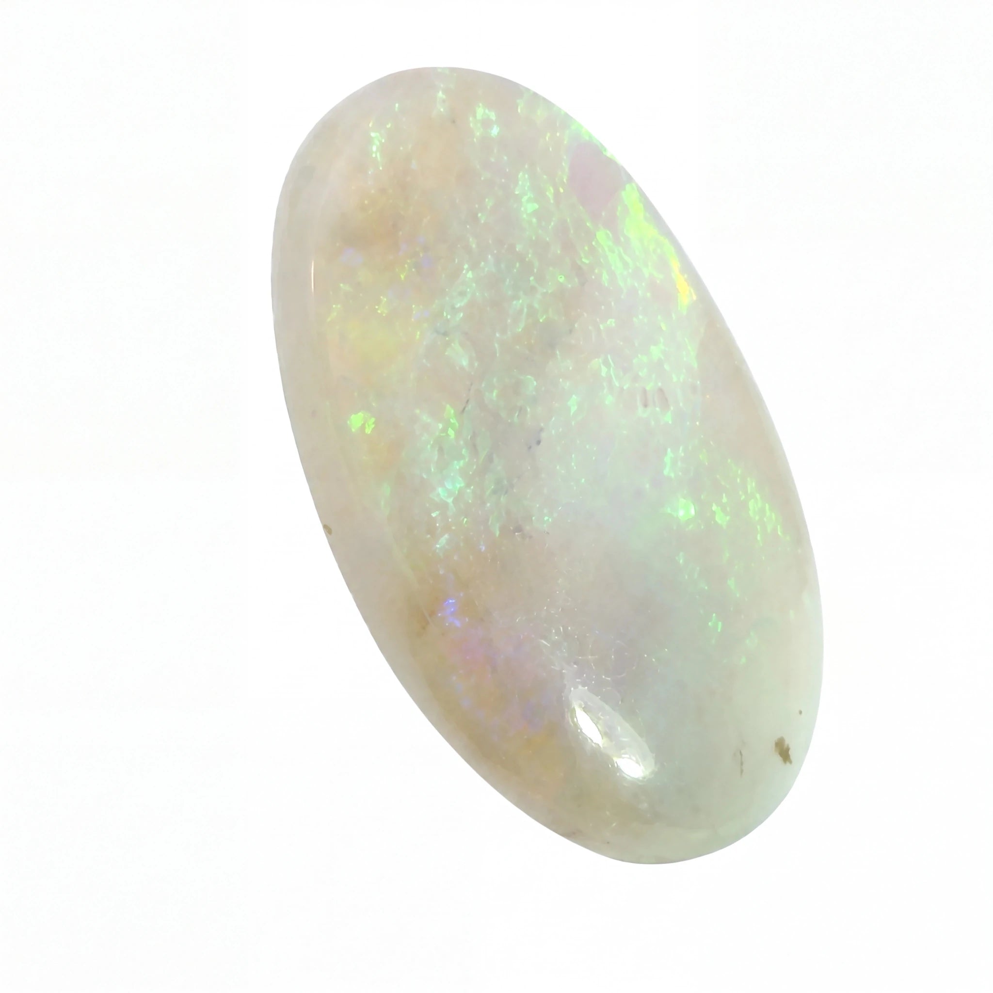 Opal stone with multicolour play of light on a white background