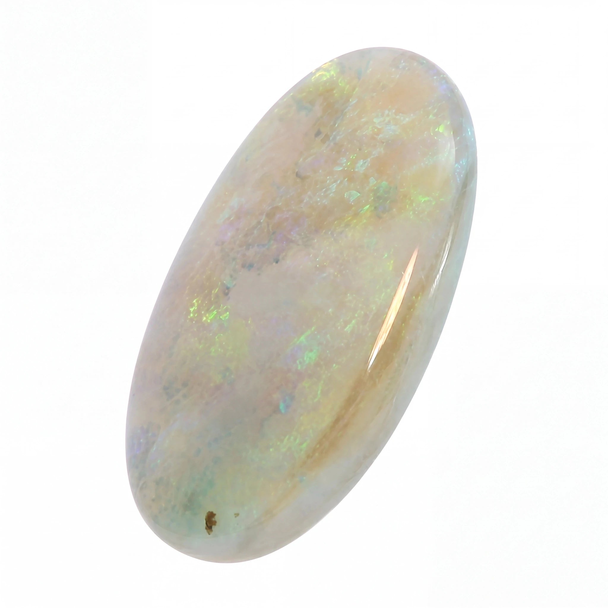 A polished oval cabochon opal gemstone displaying a soft pearlescent body with shifting iridescent flashes of green, blue, and yellow on a white background.