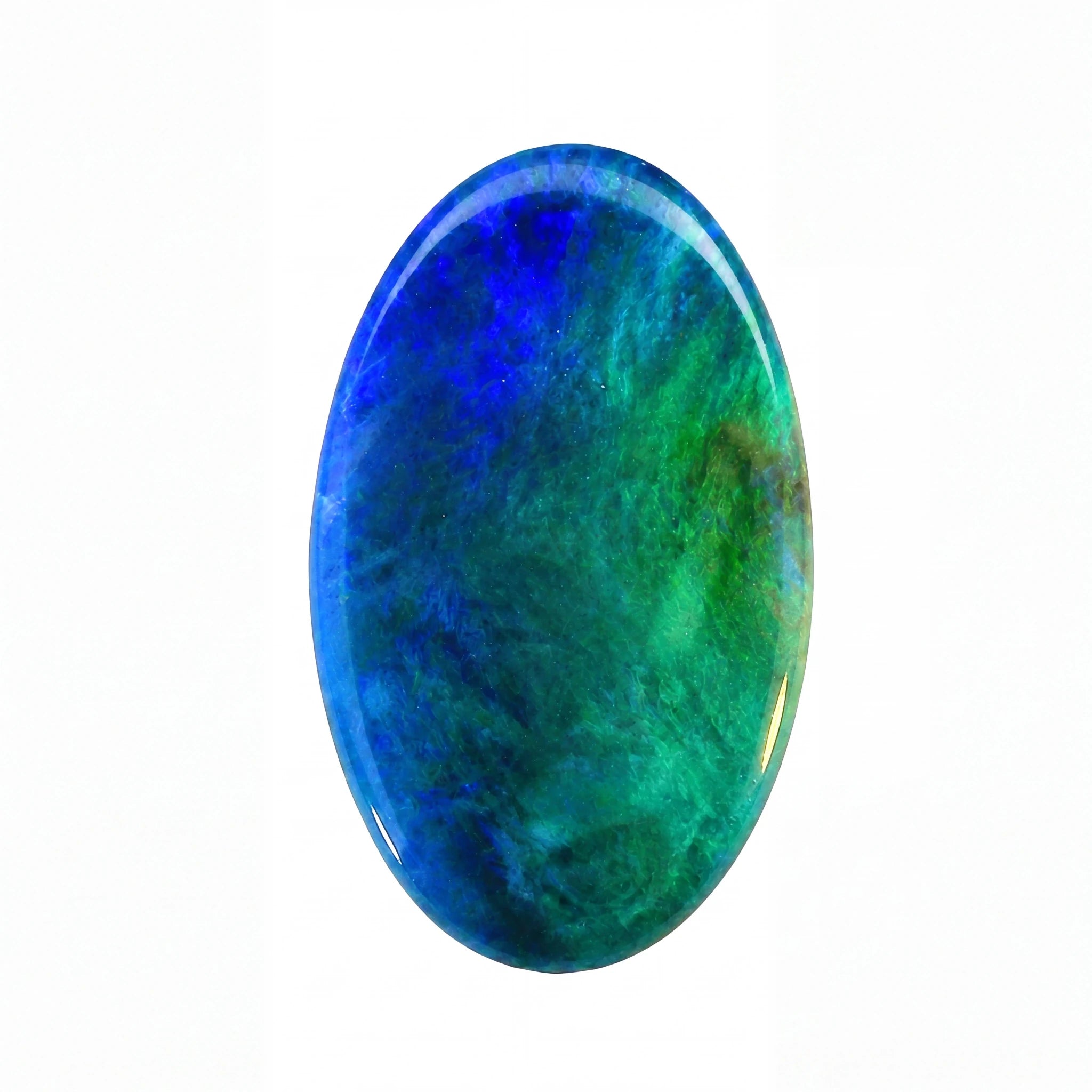 Oval-shaped gemstone with blue and green colours on a white background