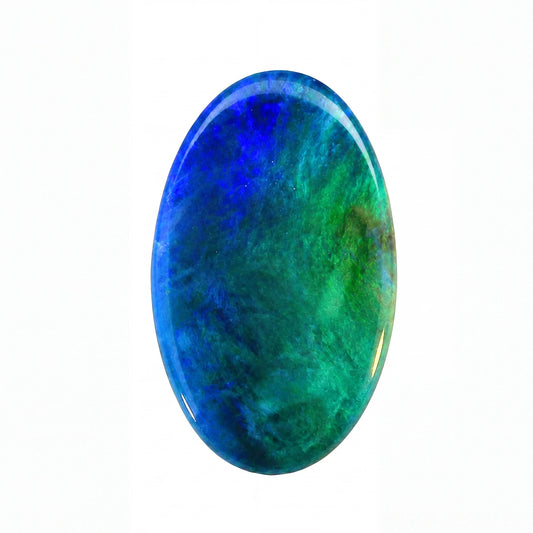 Oval-shaped gemstone with blue and green colours on a white background