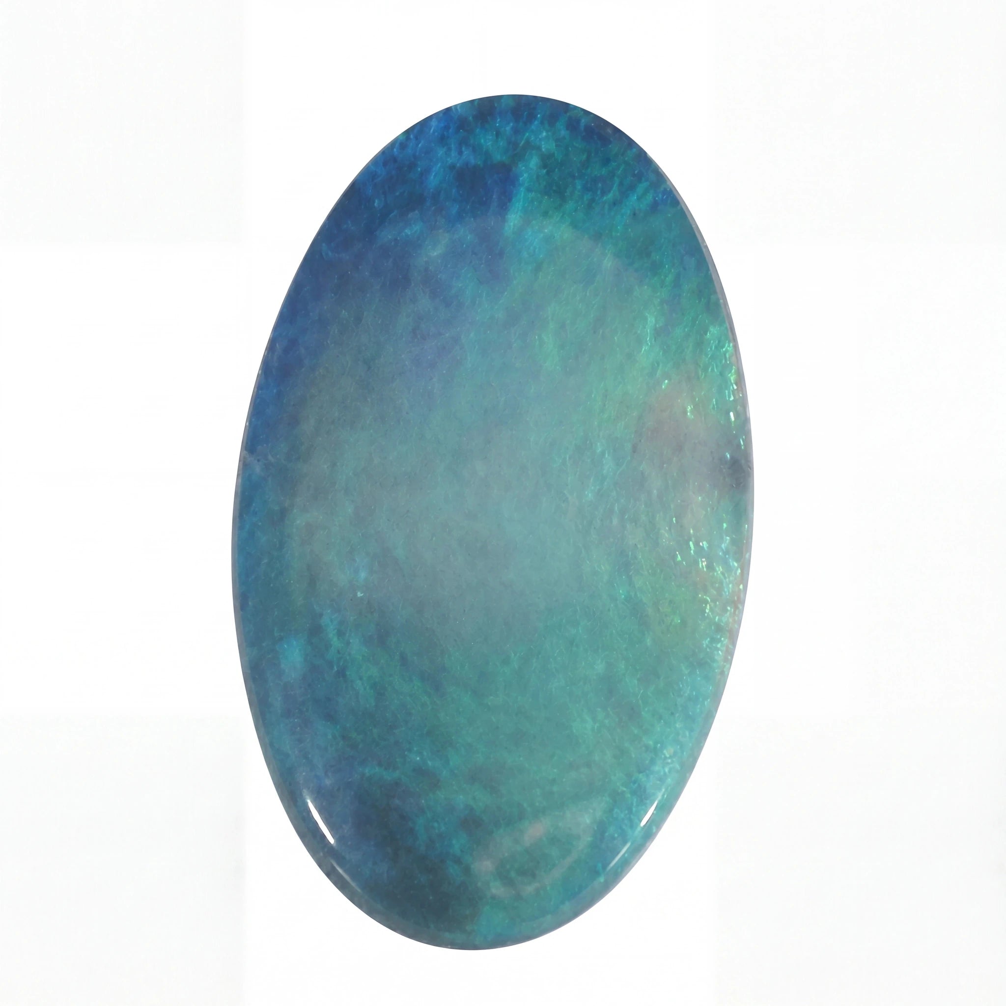 A polished oval cabochon gemstone with a marbled pattern of deep blue, teal, and turquoise, shown on a plain white background.