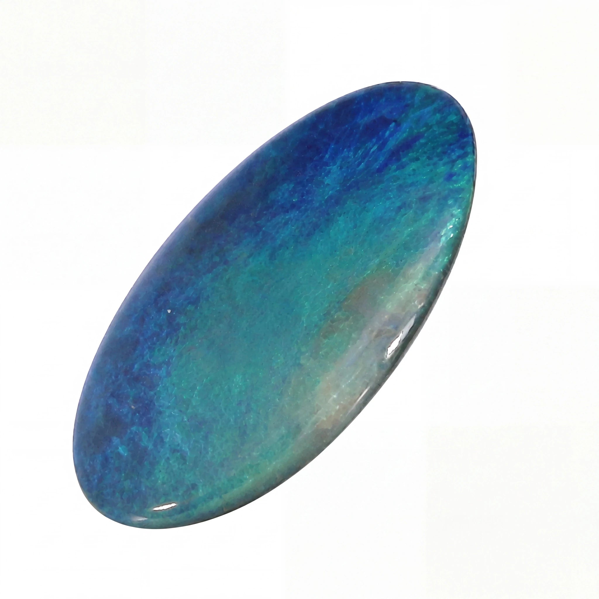 A polished oval cabochon gemstone displaying a vibrant blue and green iridescent play-of-colour, set against a plain white background.