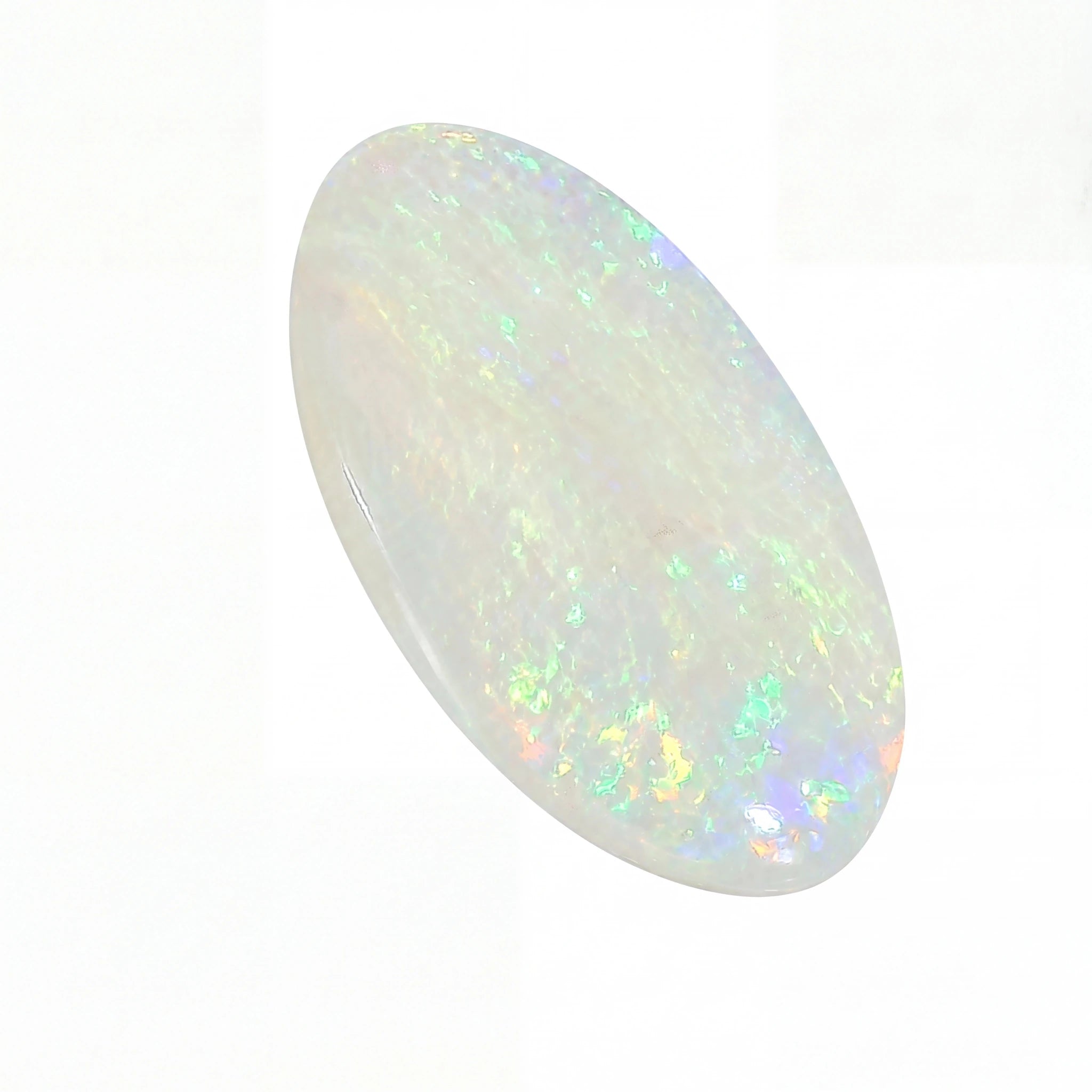 Opal stone with multicoloured play of light on a white background