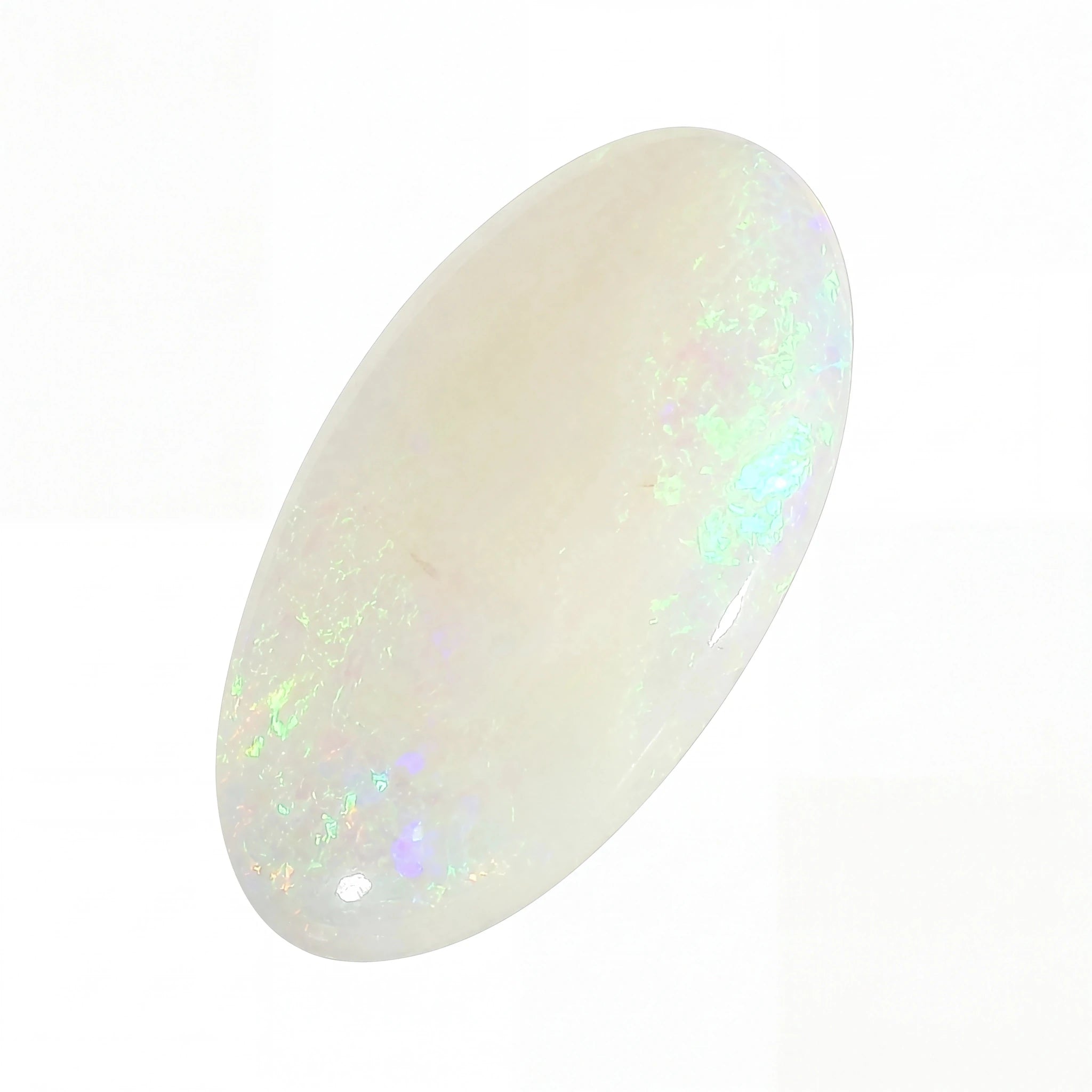 A polished oval cabochon gemstone with a milky white base and iridescent flashes of green, blue, and pink, shown on a plain white background.