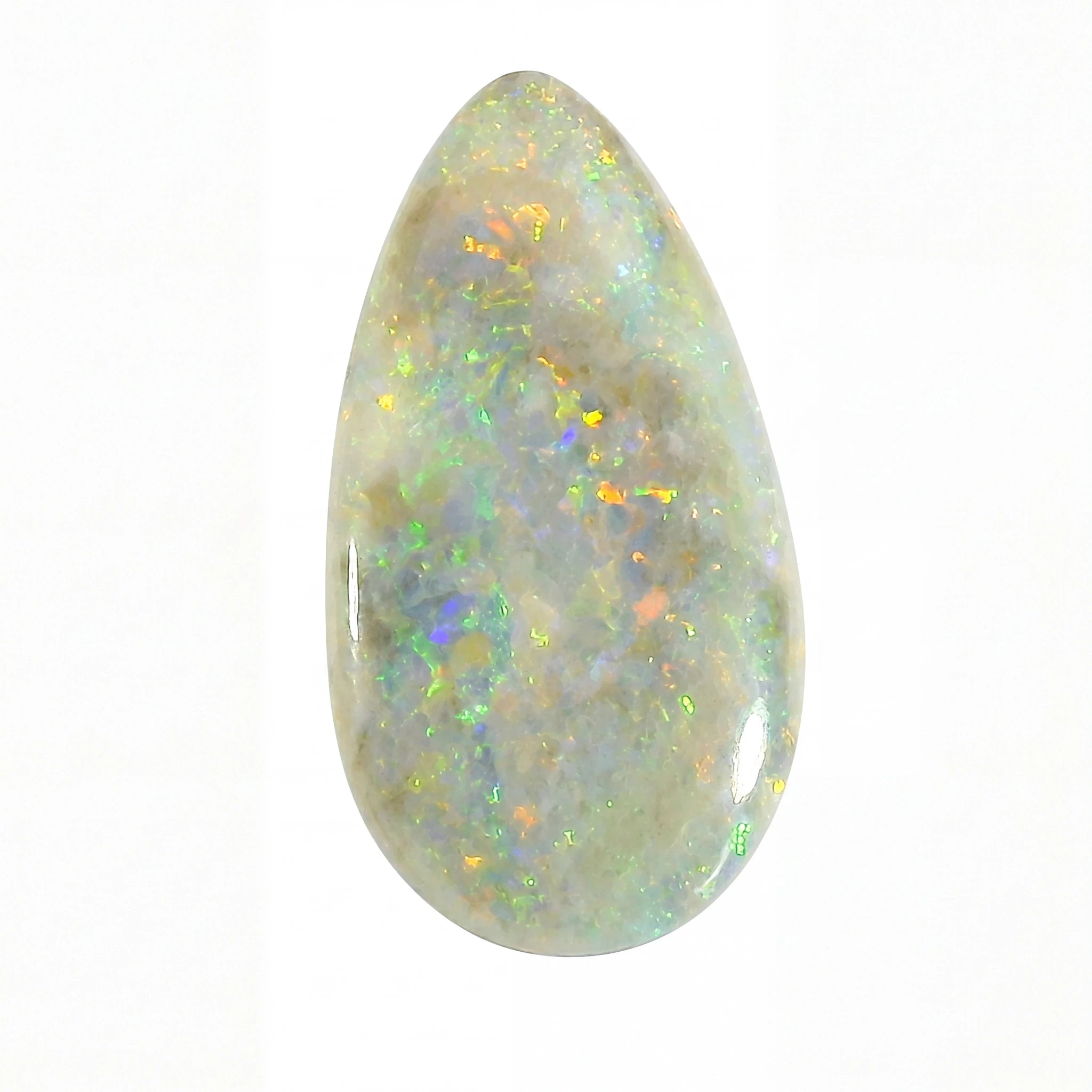Opal stone with multicoloured flashes on a white background