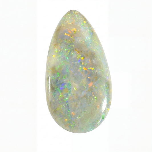 Opal stone with multicoloured flashes on a white background