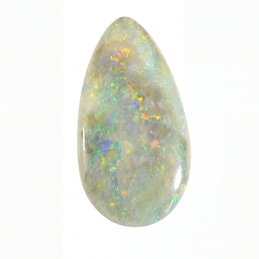 Opal stone with multicoloured flashes on a white background