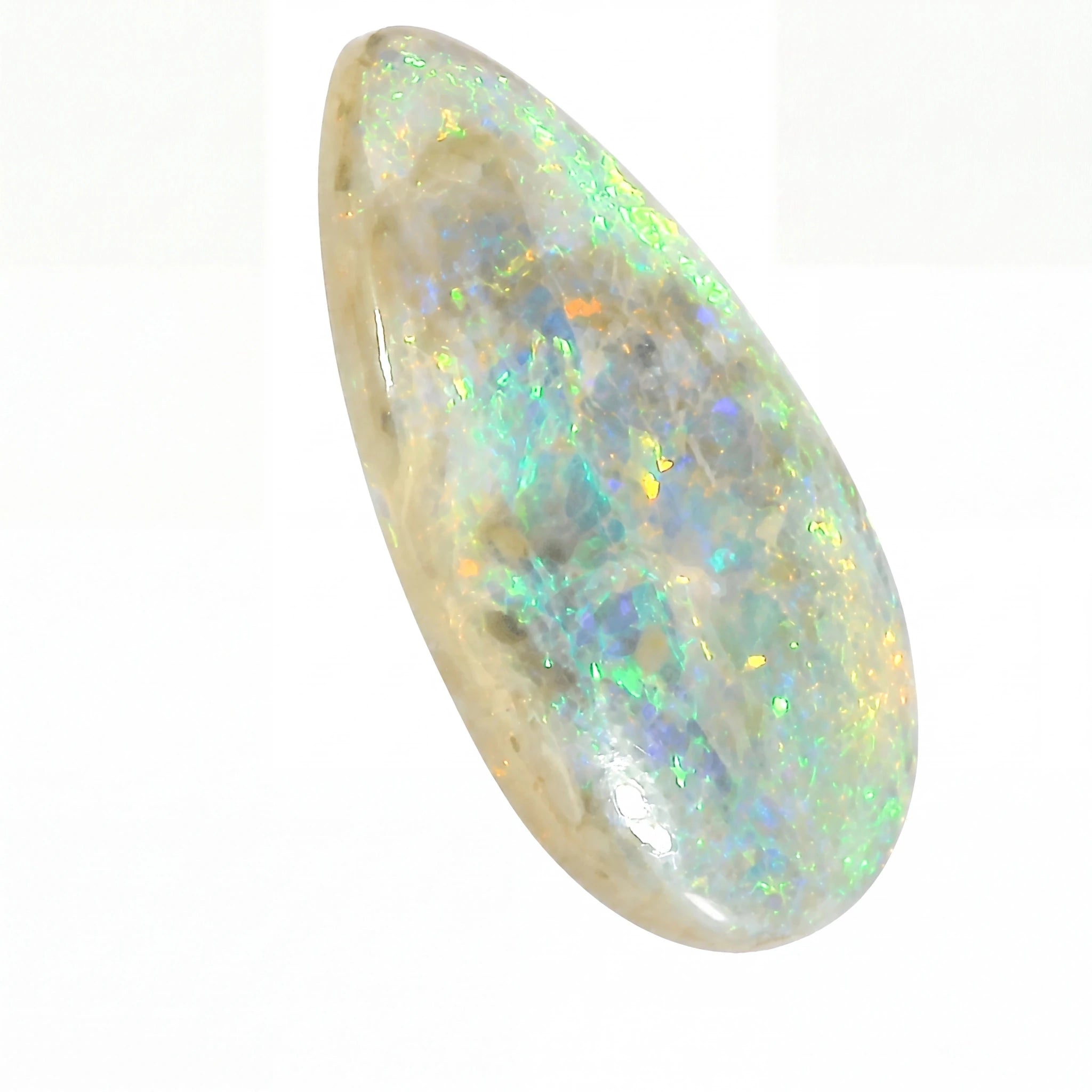 A polished teardrop-shaped opal gemstone showing a mix of iridescent colours including green, blue, orange, and white against a light beige base, set against a plain white background.