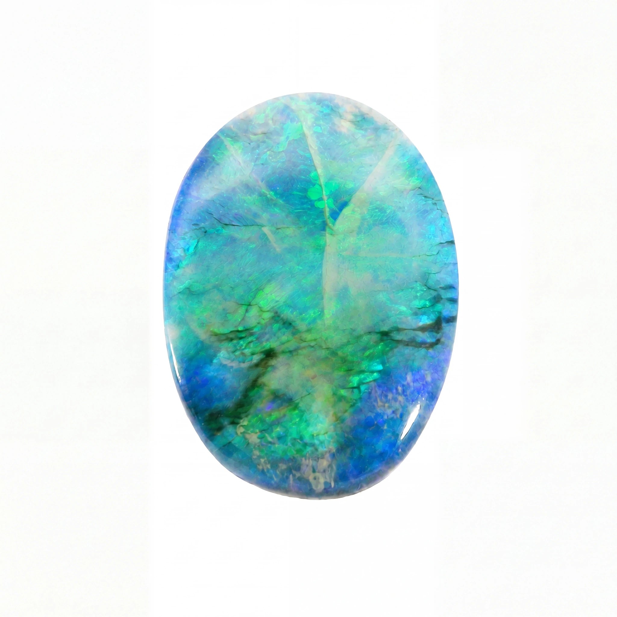 An oval cabochon gemstone featuring vibrant iridescent colours of blue, green, and teal with natural marbling, set against a plain white background.