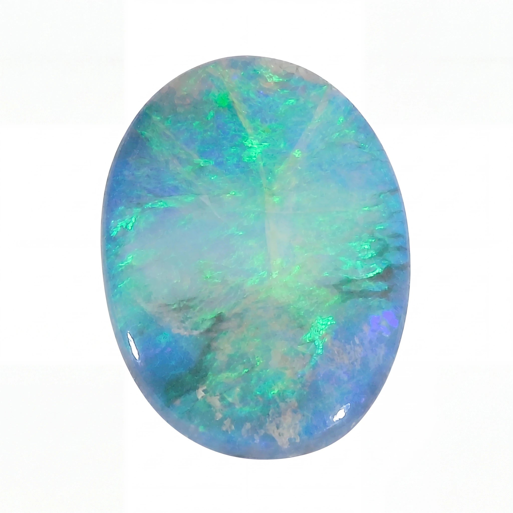 A polished oval cabochon gemstone featuring a vibrant play-of-colour with swirling patterns of blue, green, and white, set against a plain white background.