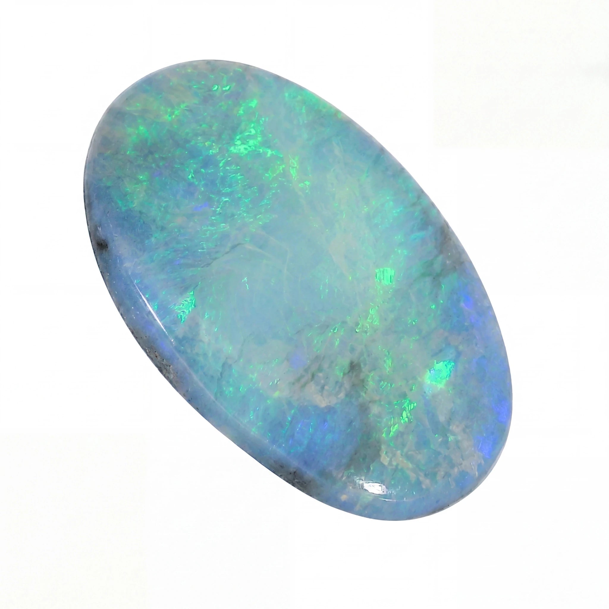 Opal stone with multicoloured play of colours on a white background