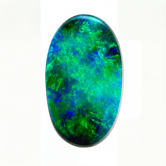 Oval-shaped opal stone with green and blue colours on a white background