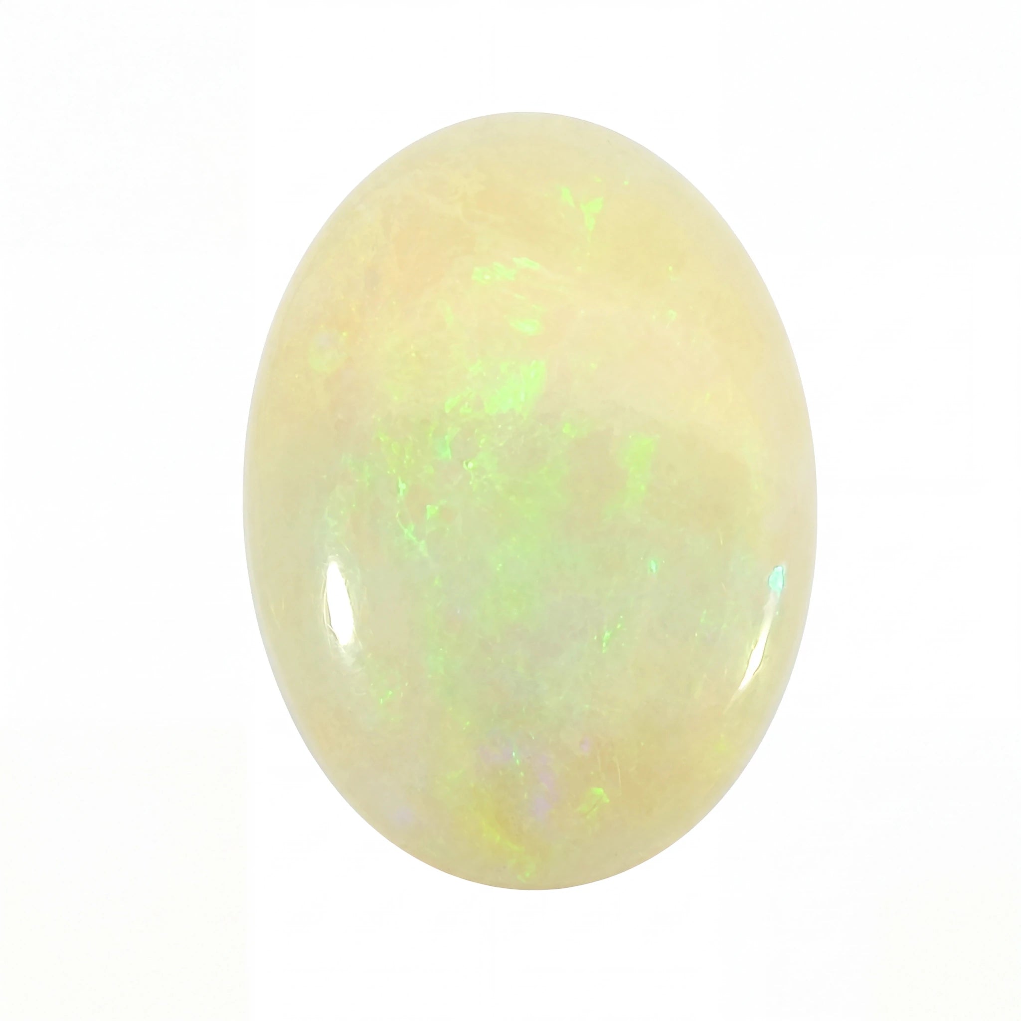 A polished oval cabochon gemstone with a creamy off-white body and iridescent flashes of light green, yellow, and blue, shown on a plain white background.