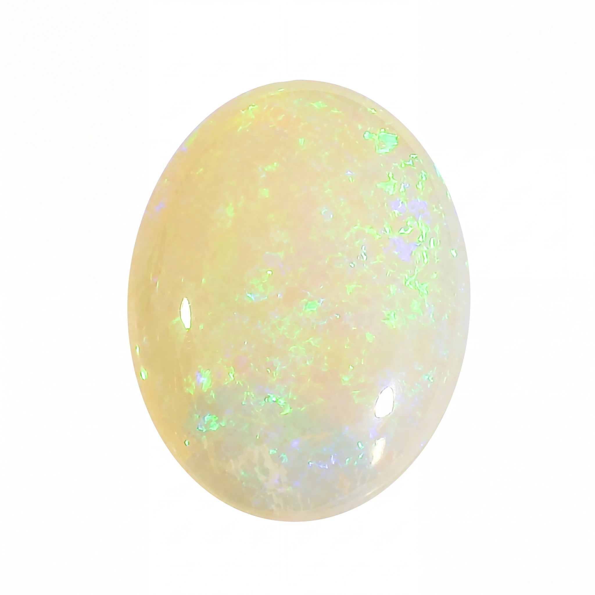 A polished oval cabochon opal gemstone displaying a creamy off-white base with vibrant flashes of green, blue, and purple iridescence, set against a plain white background.