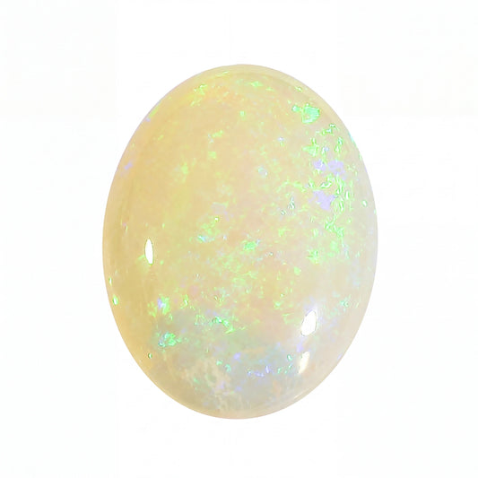 A polished oval cabochon opal gemstone displaying a creamy off-white base with vibrant flashes of green, blue, and purple iridescence, set against a plain white background.