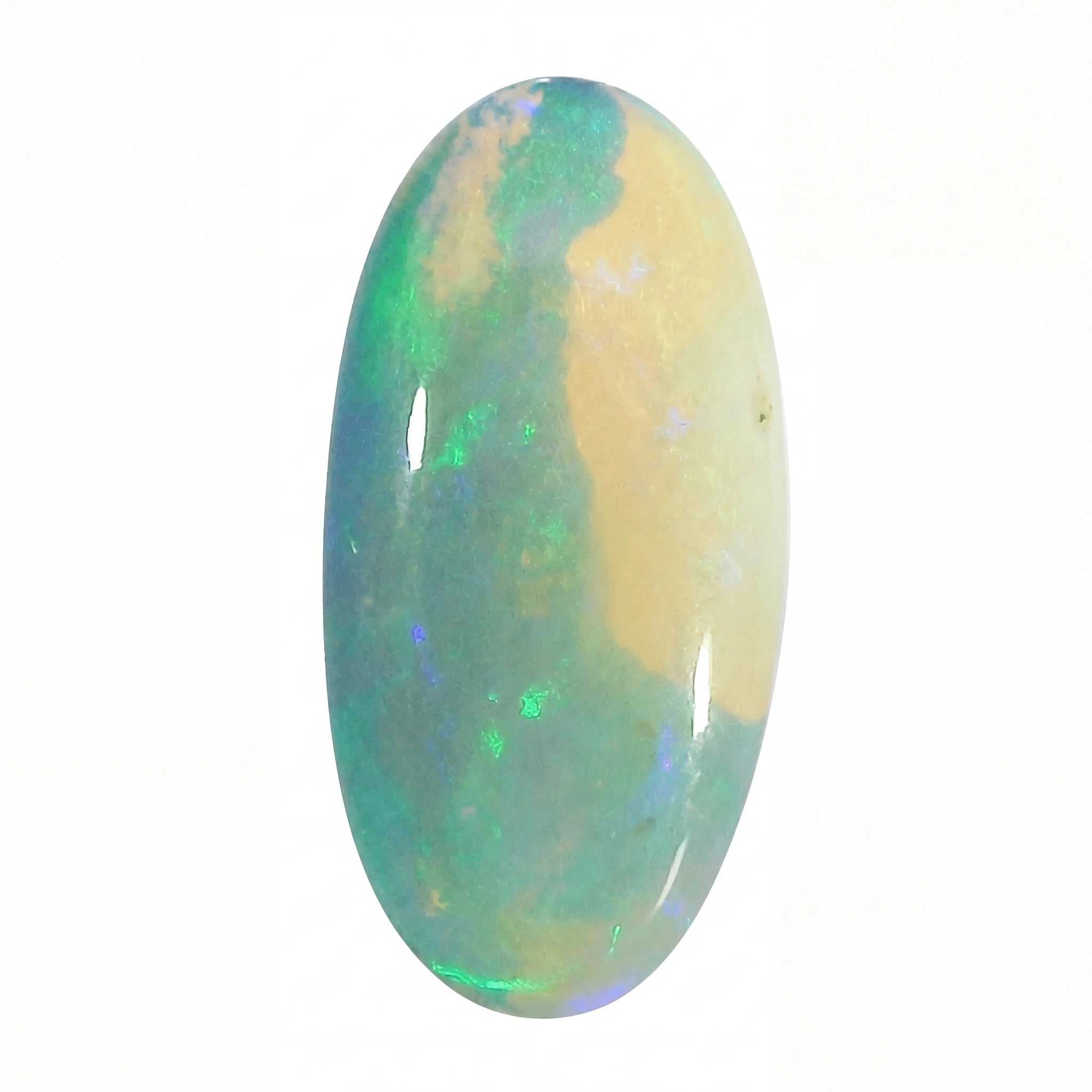 A polished oval cabochon opal gemstone displaying a mix of green, blue, and cream colours, set against a plain white background.