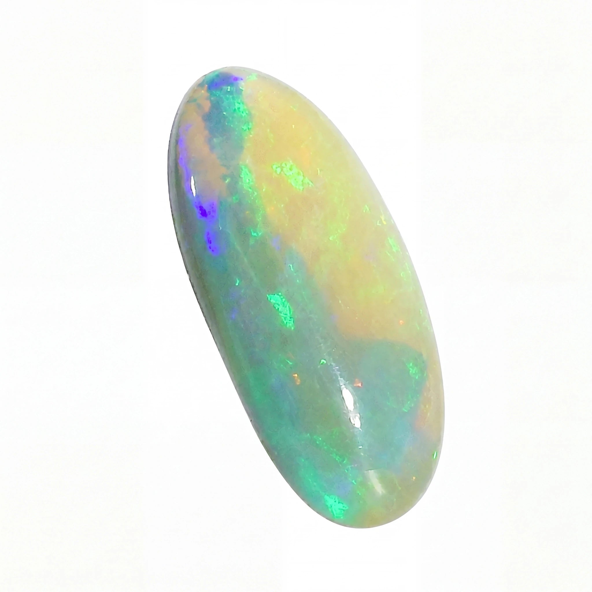 A polished oval cabochon opal gemstone displaying a play-of-colour with green, blue, purple, and pale yellow tones on a white background.