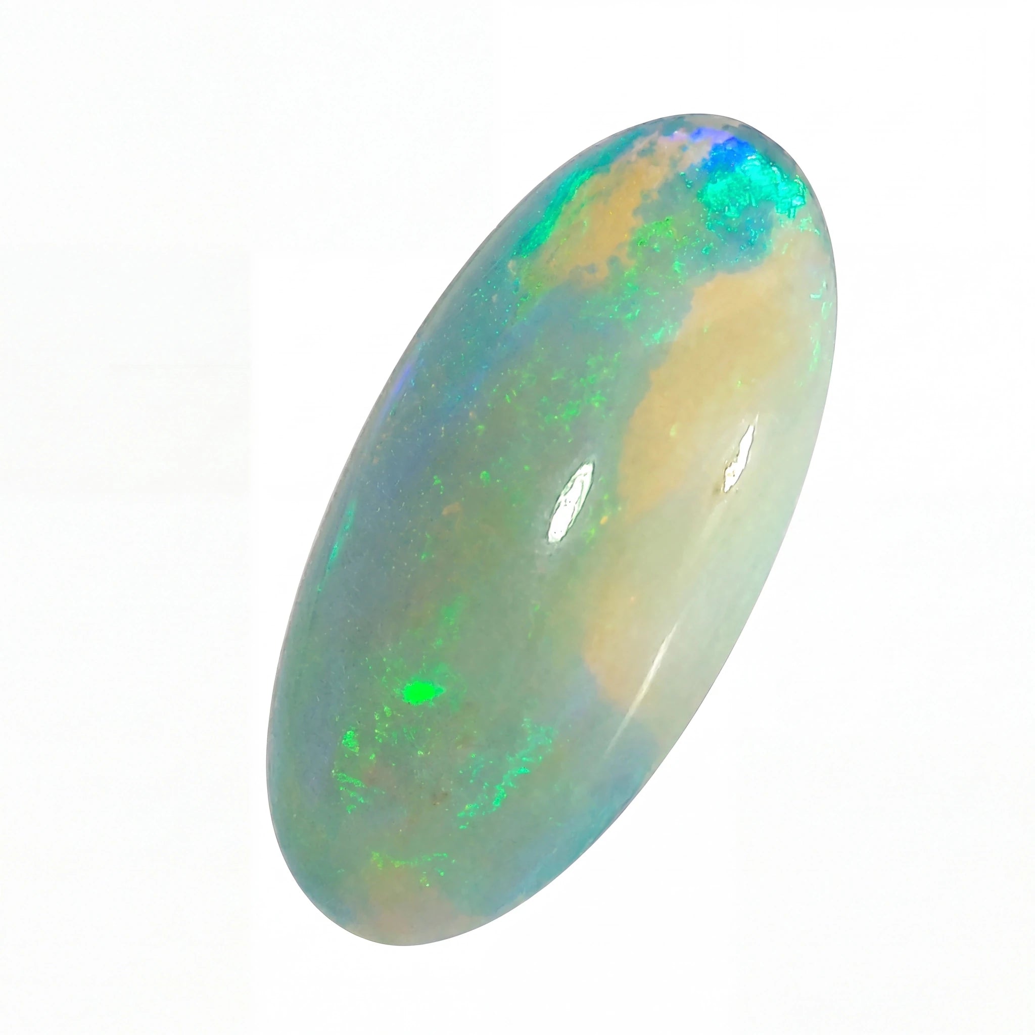 Opal stone with multicoloured play of colours on a white background