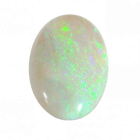 A polished oval cabochon opal gemstone displaying a mix of white, pale green, and iridescent blue flashes, isolated on a solid white background.