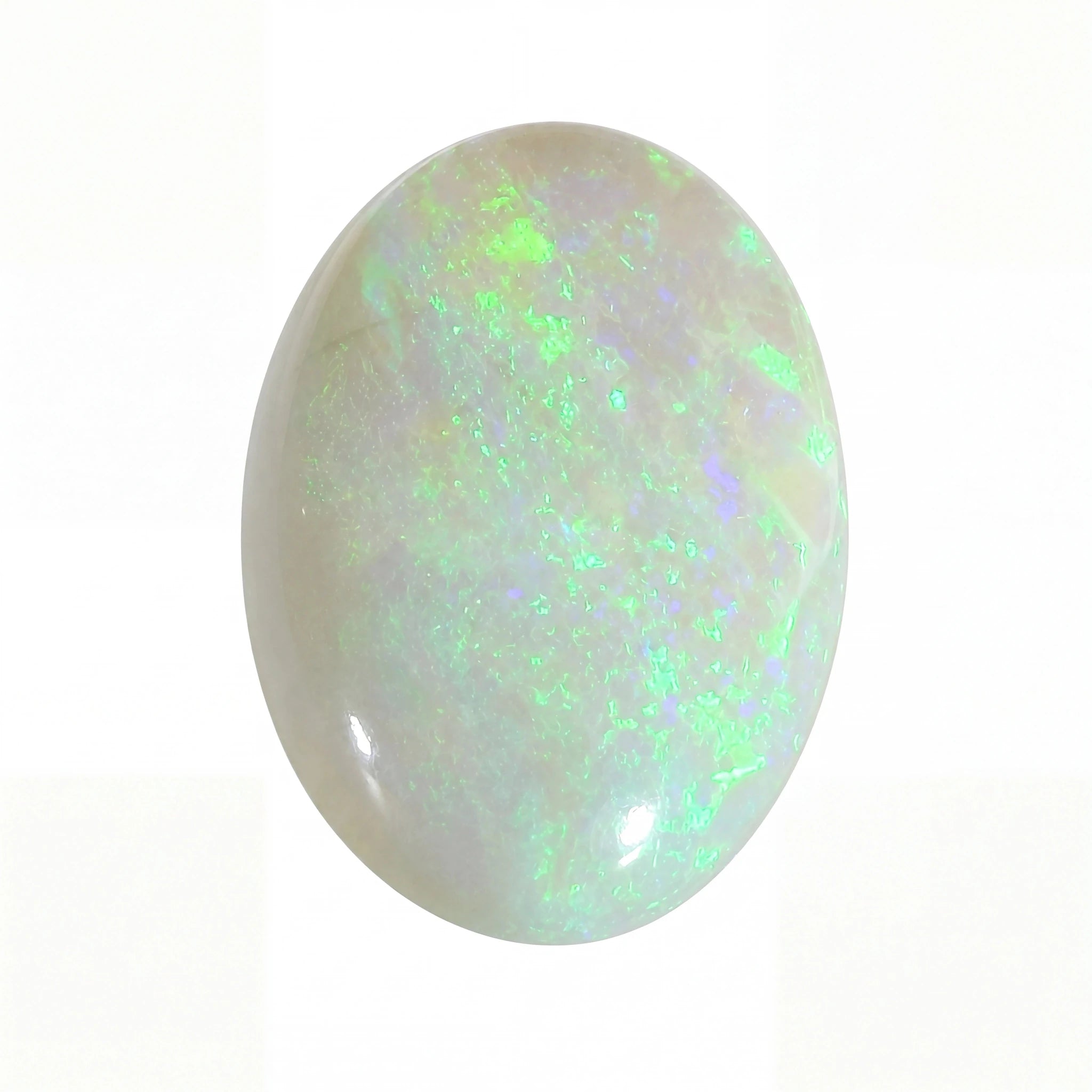 A polished oval cabochon opal gemstone displaying a play-of-colour with vibrant green, blue, and white flashes on a pale greyish-white base, set against a plain white background.