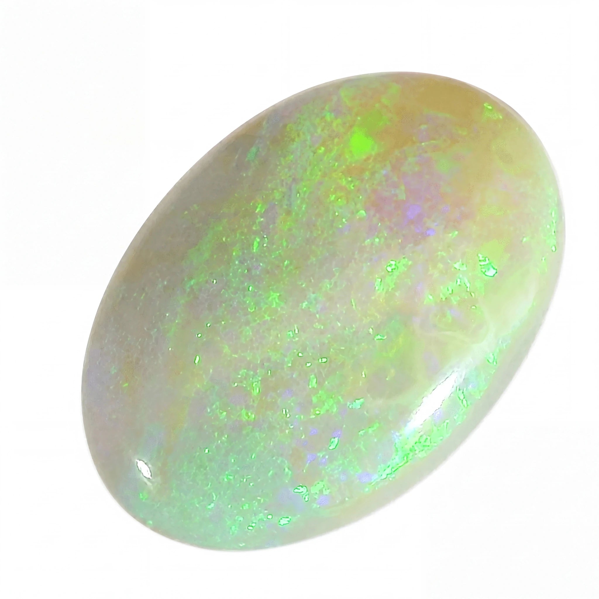 Opal stone with green and white colours on a white background
