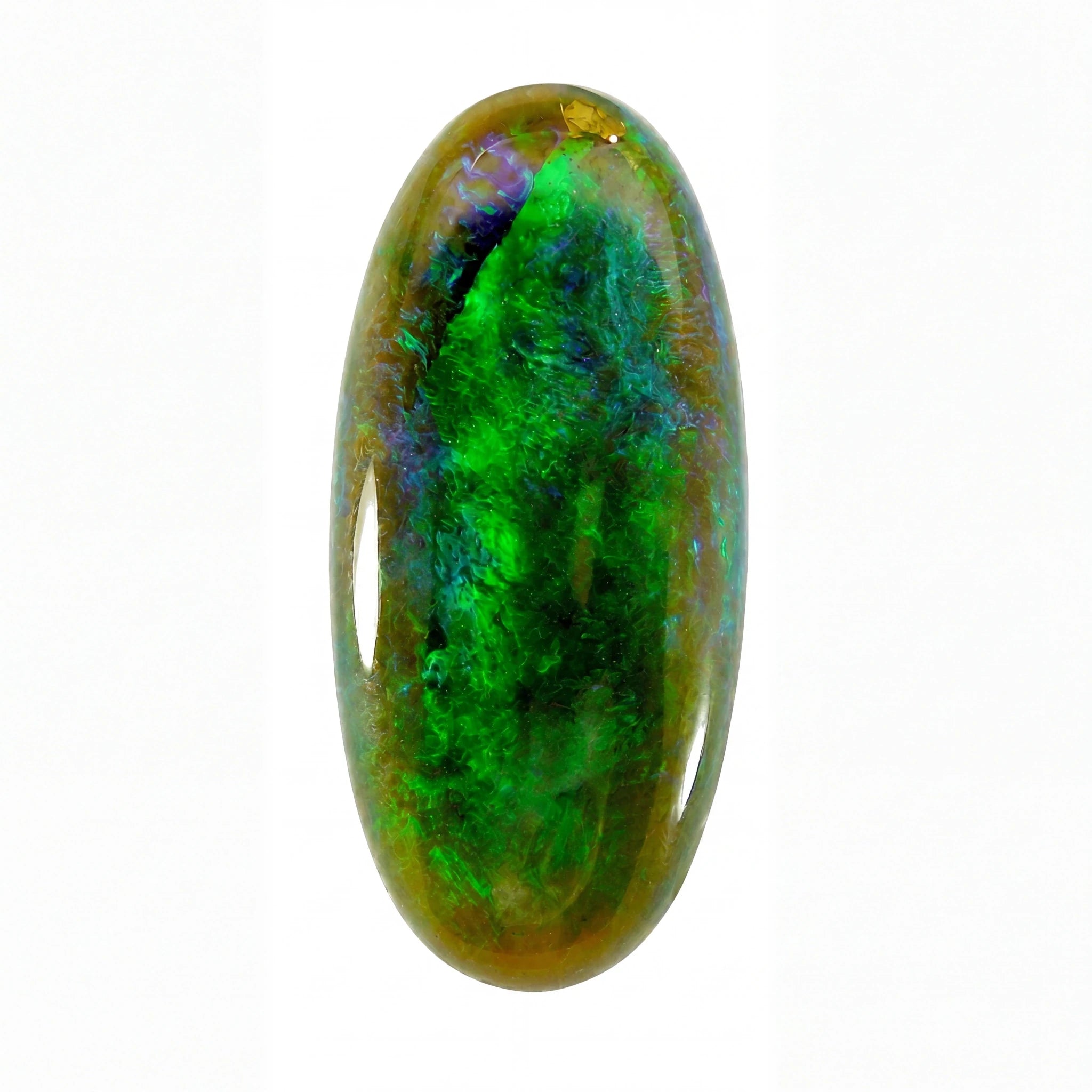 A polished oval cabochon gemstone showing vibrant green, blue, and gold iridescent play-of-colour on a plain white background.