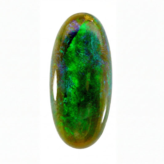 A polished oval cabochon gemstone showing vibrant green, blue, and gold iridescent play-of-colour on a plain white background.