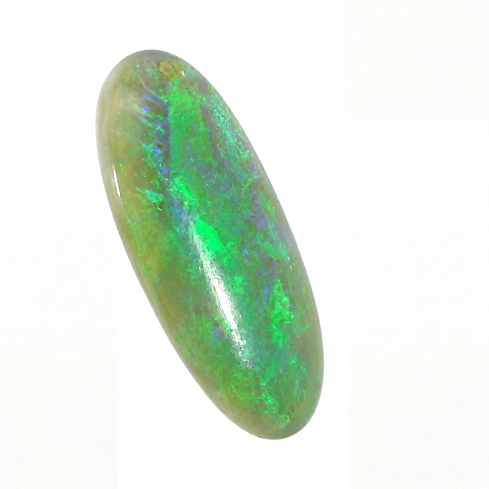 A polished oval cabochon gemstone showing vibrant green, blue, and gold iridescent play-of-colour on a white background.