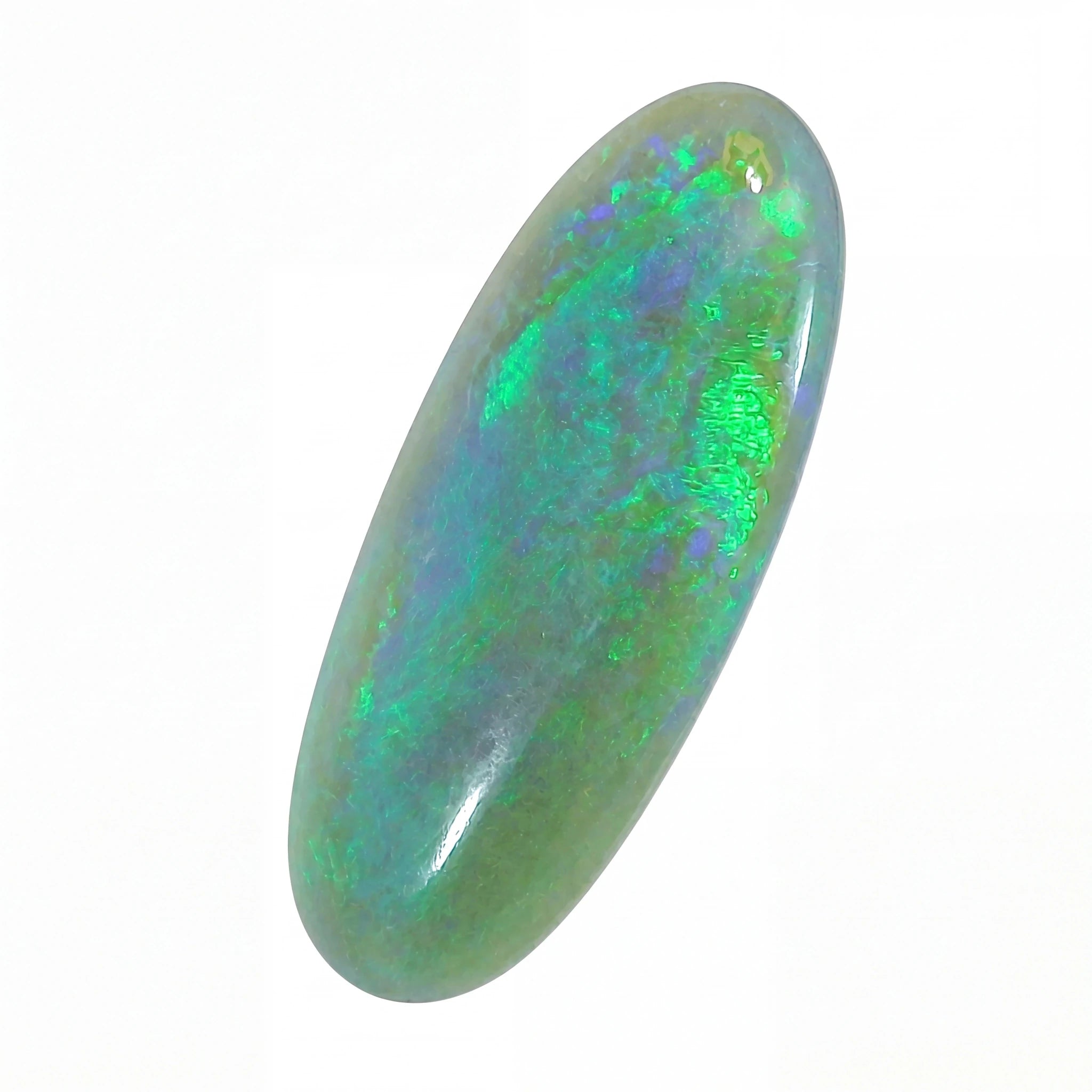 A polished oval cabochon gemstone showing vibrant green, blue, and purple iridescent play-of-colour against a plain white background.