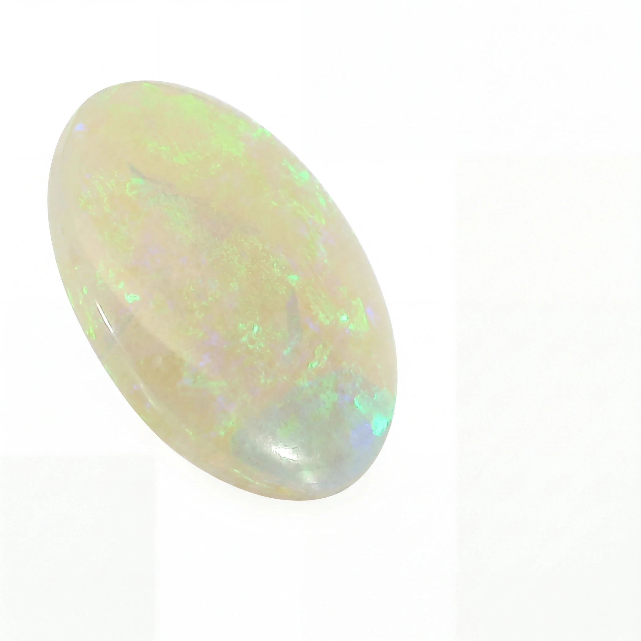 A polished oval cabochon gemstone with a milky white base and vibrant iridescent flashes of green, blue, and purple, set against a plain white background.