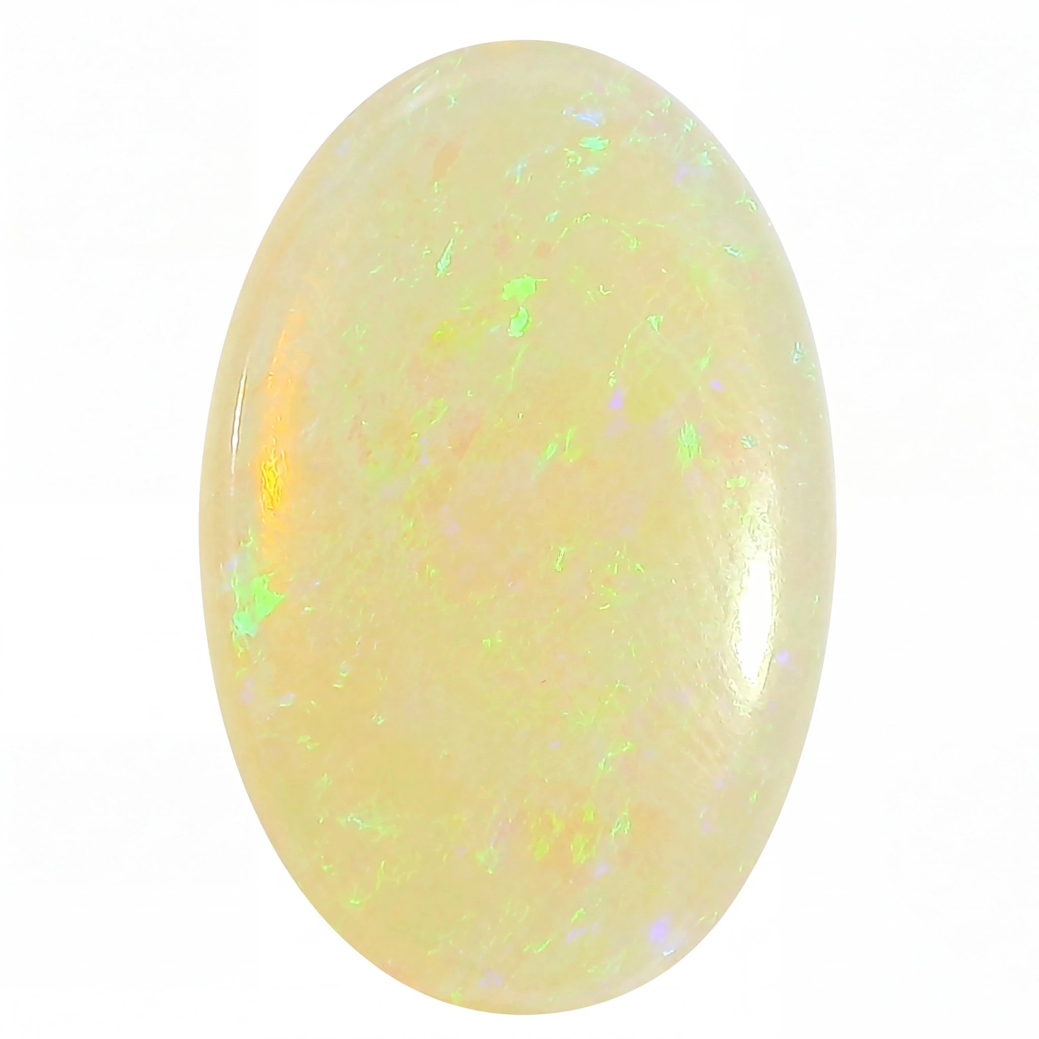 An oval cabochon-cut opal gemstone displaying a creamy off-white base with vibrant, shifting flashes of green, yellow, and orange, set against a plain white background.