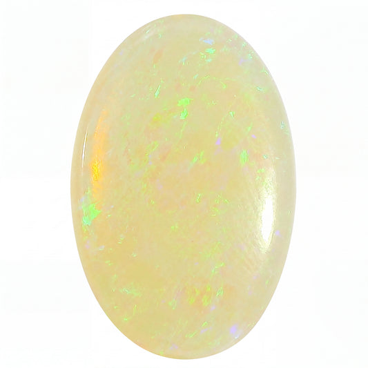 Opal stone with a bright yellow colour and speckled pattern on a white background