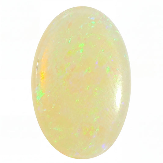 An oval cabochon-cut opal gemstone displaying a creamy off-white base with vibrant, shifting flashes of green, yellow, and orange, set against a plain white background.