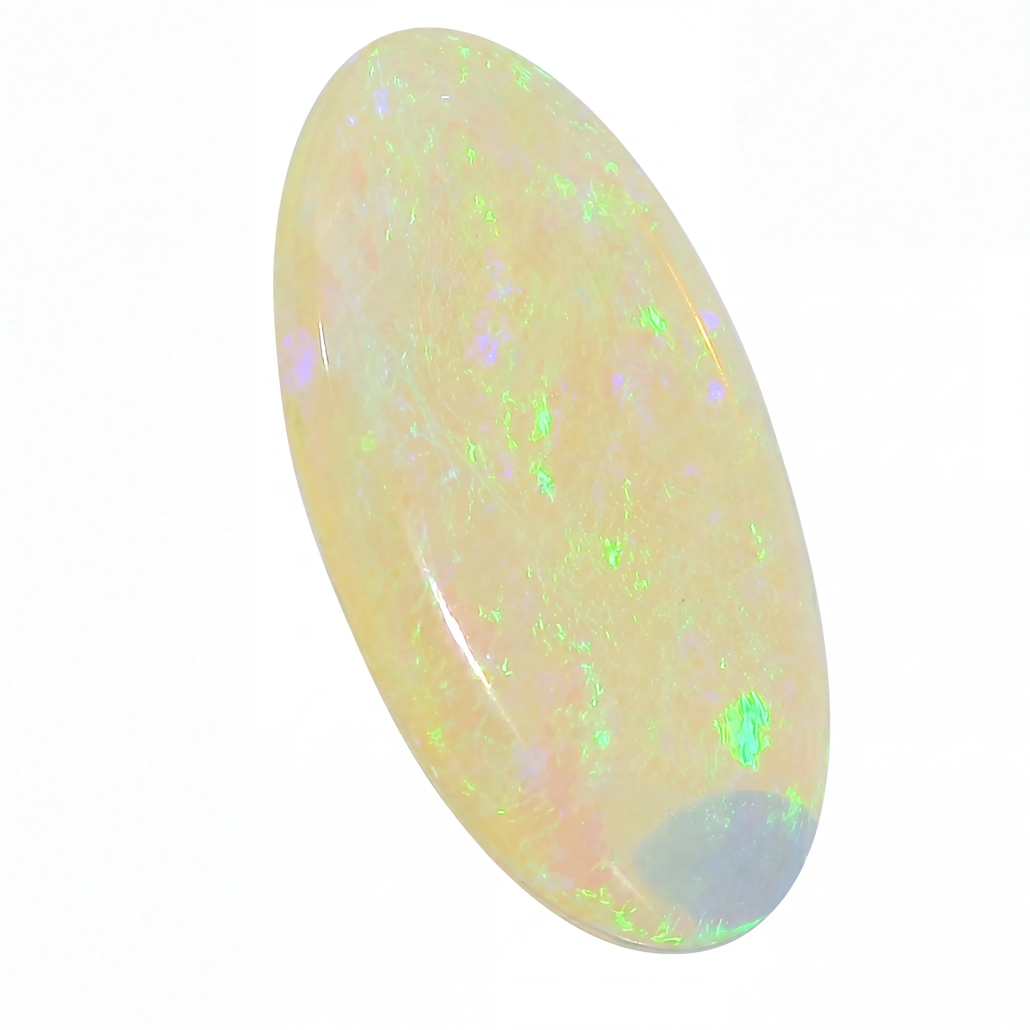 A polished oval cabochon gemstone showing a milky white base with vibrant flashes of neon green, pink, and blue iridescence, set against a plain white background.