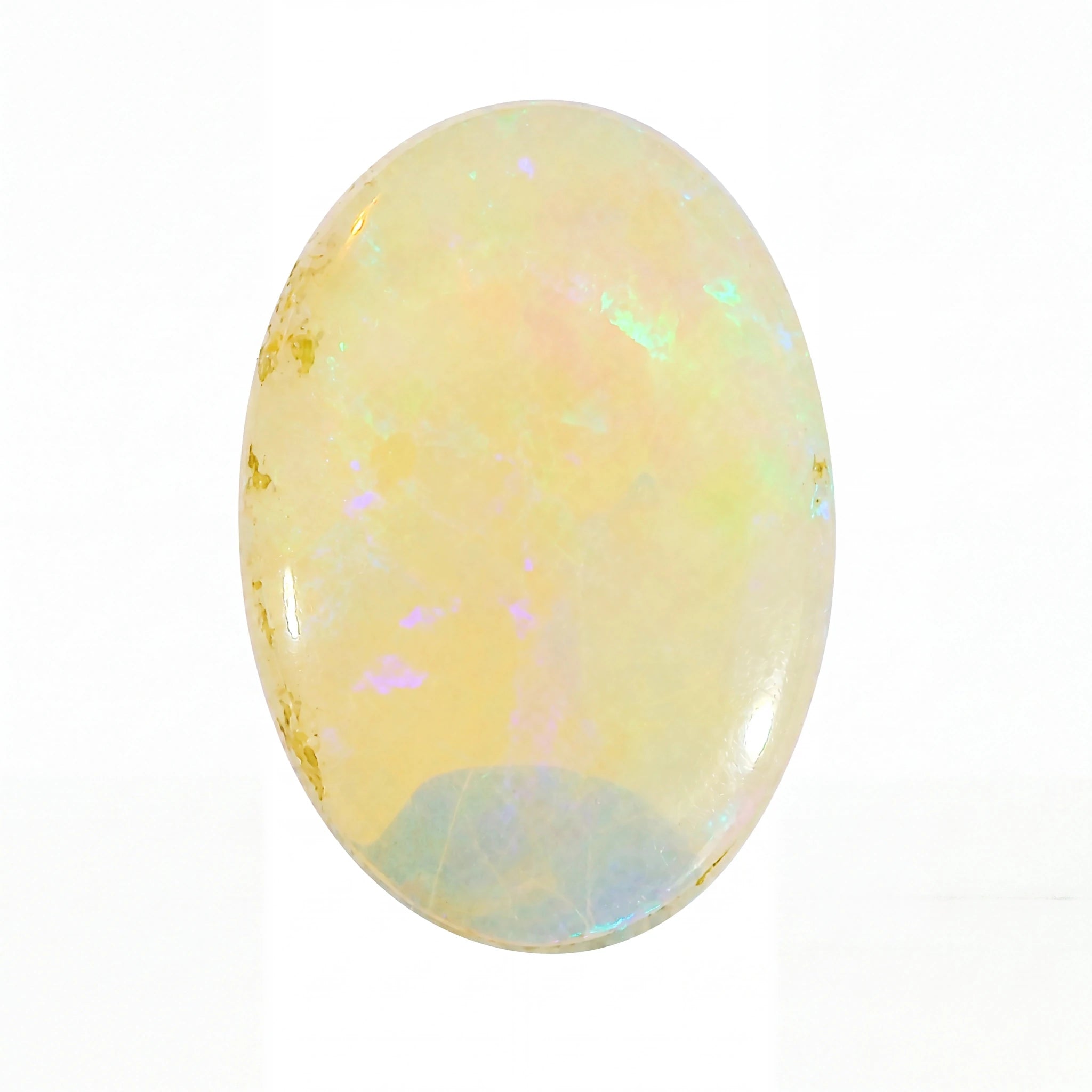 A polished oval cabochon gemstone with a soft yellow base and iridescent flashes of green, blue, pink, and gold, set against a plain white background.
