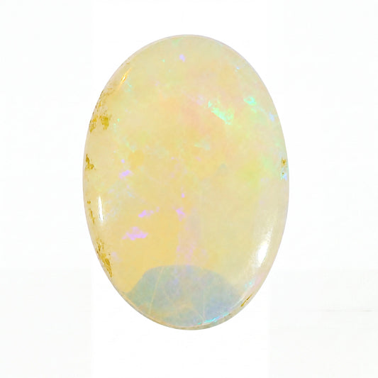 A polished oval cabochon gemstone with a soft yellow base and iridescent flashes of green, blue, pink, and gold, set against a plain white background.