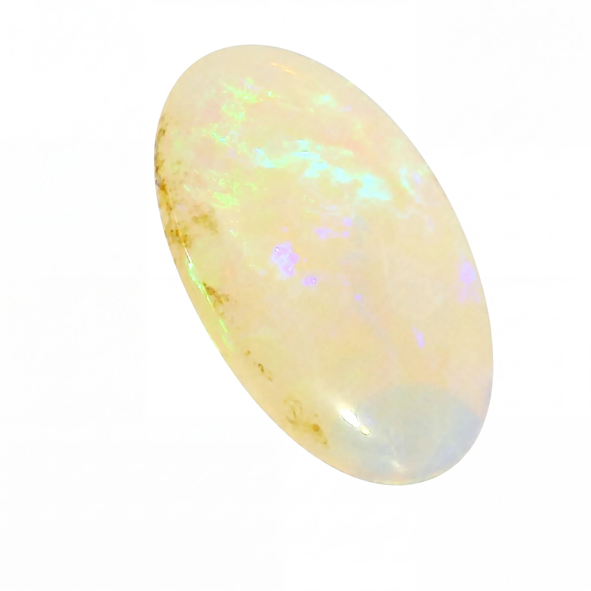 Opal stone with play of colours on a white background