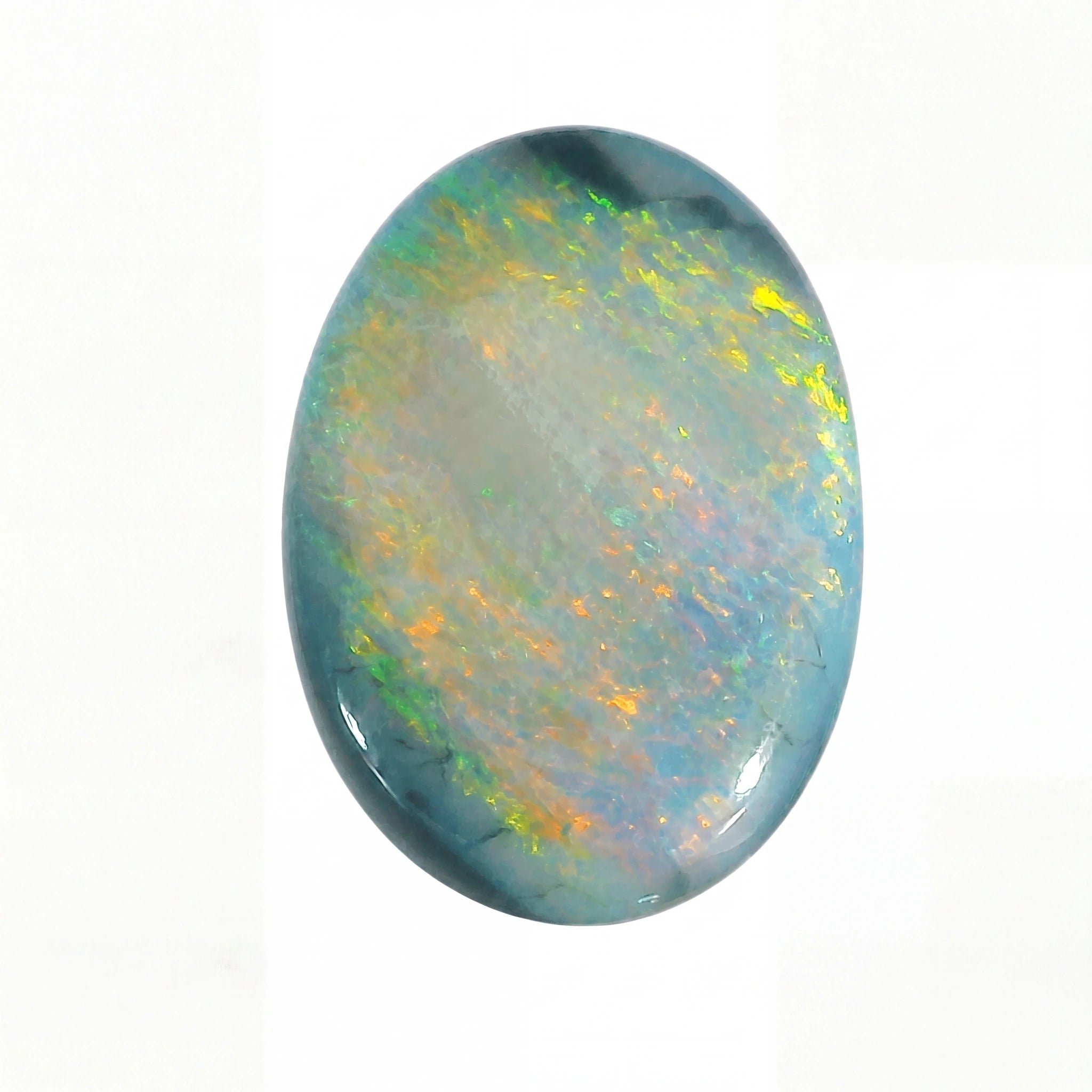 Opal stone with multicoloured play of colours on a white background