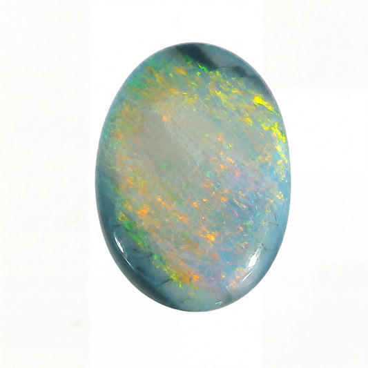 Opal stone with multicoloured play of colours on a white background