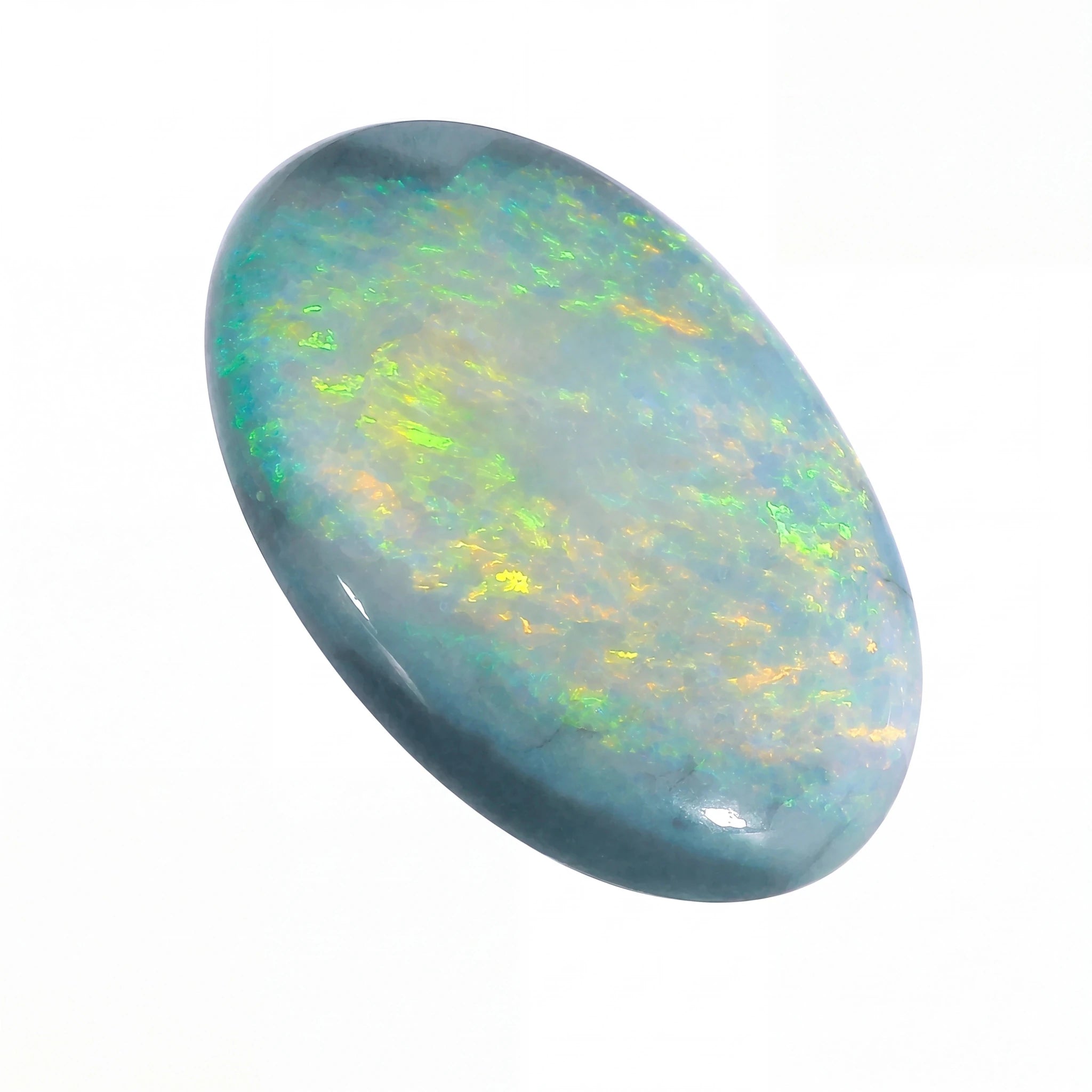 A polished oval cabochon opal gemstone displaying a play-of-colour pattern with blue, green, yellow, and grey tones, set against a plain white background.